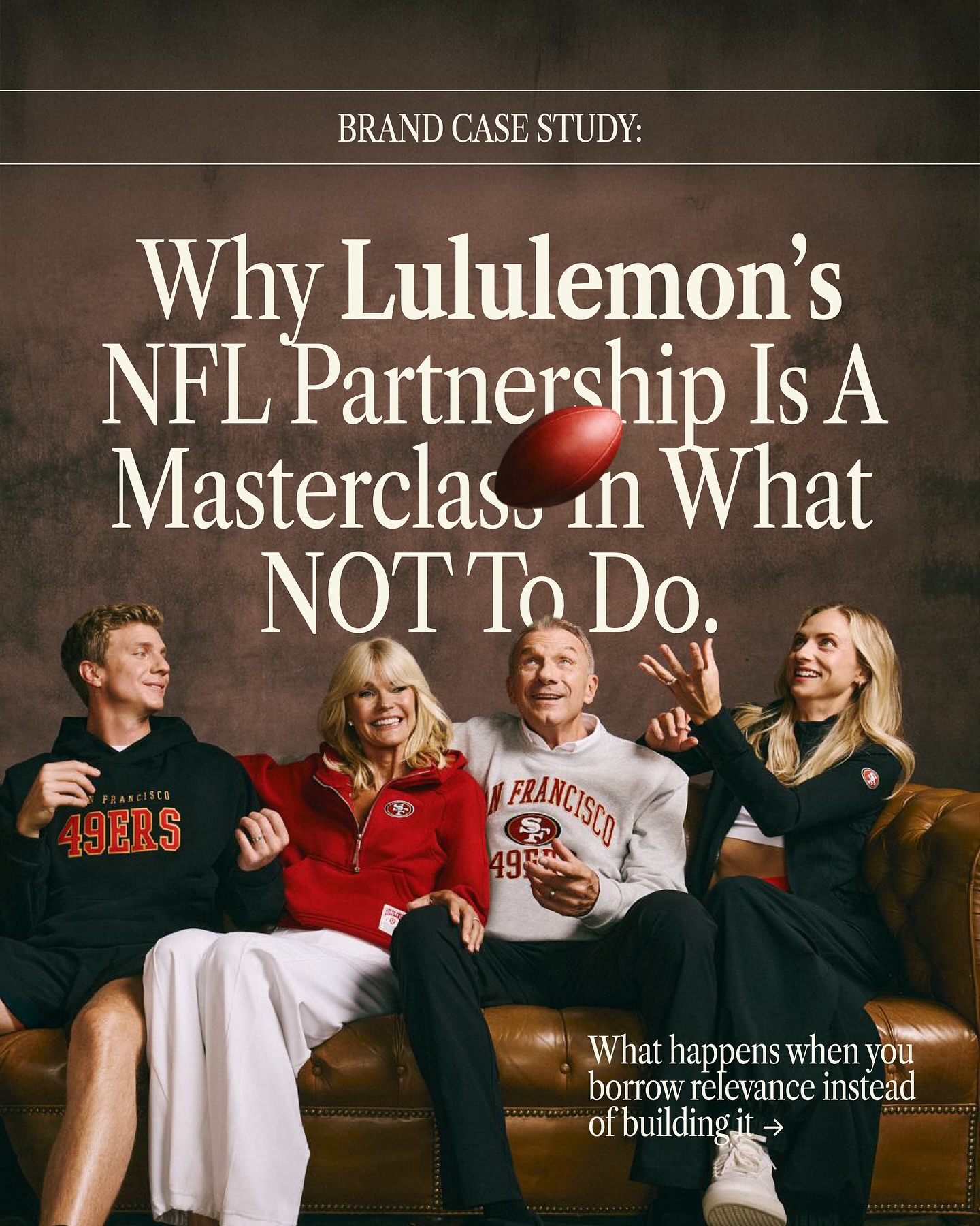 Today’s case study: @lululemon just launched NFL-branded leggings and hoodies while their stock is down 50%. Critics might call it smart partnering. I call it what it is—borrowed relevance disguised as strategy.

If you want the full breakdown on what Lululemon’s NFL bet teaches about brand strategy, comment NFL and I’ll send it directly xx