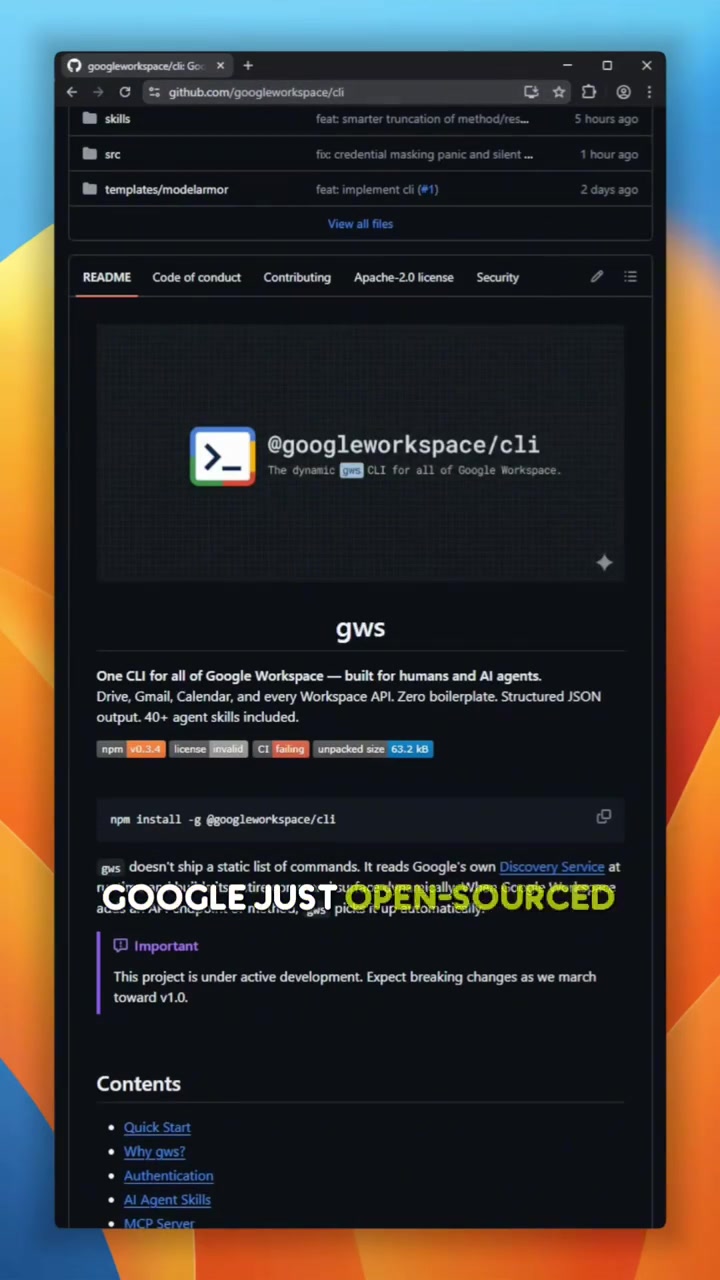 Google just opensourced the Google Workspace CLI and if youre building AI agents this is huge it gives you complete access to Drive Gmail Calendar Sheets Docs and Chat from a single commandline tool it was built natively for AI Over 50 prebuilt agent skills and it spins up instantly as an MCP server Plug it into Claude Code or Gemini CLI and your agent can read emails draft replies check your calendar and search Drive zero custom integrations github opensource