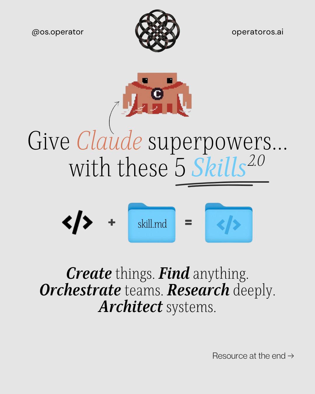 Comment "SKILLS" for the full starter kit.

Claude Code Skills 2.0 just dropped. One slash command, entire workflow. No code needed.

This kit has 5 production skills you can install in 60 seconds:
-> /create builds new skills from a description
-> Context7 pulls live docs for any library
-> /swarm launches a team of parallel agents
-> /research runs deep discovery with cross-referenced findings
-> /system-design generates full architecture with tools and pricing

Plus pro tips, limitations, and a cheat sheet for daily use.

#claudecode #claudeskills #automation #operatoros #skills