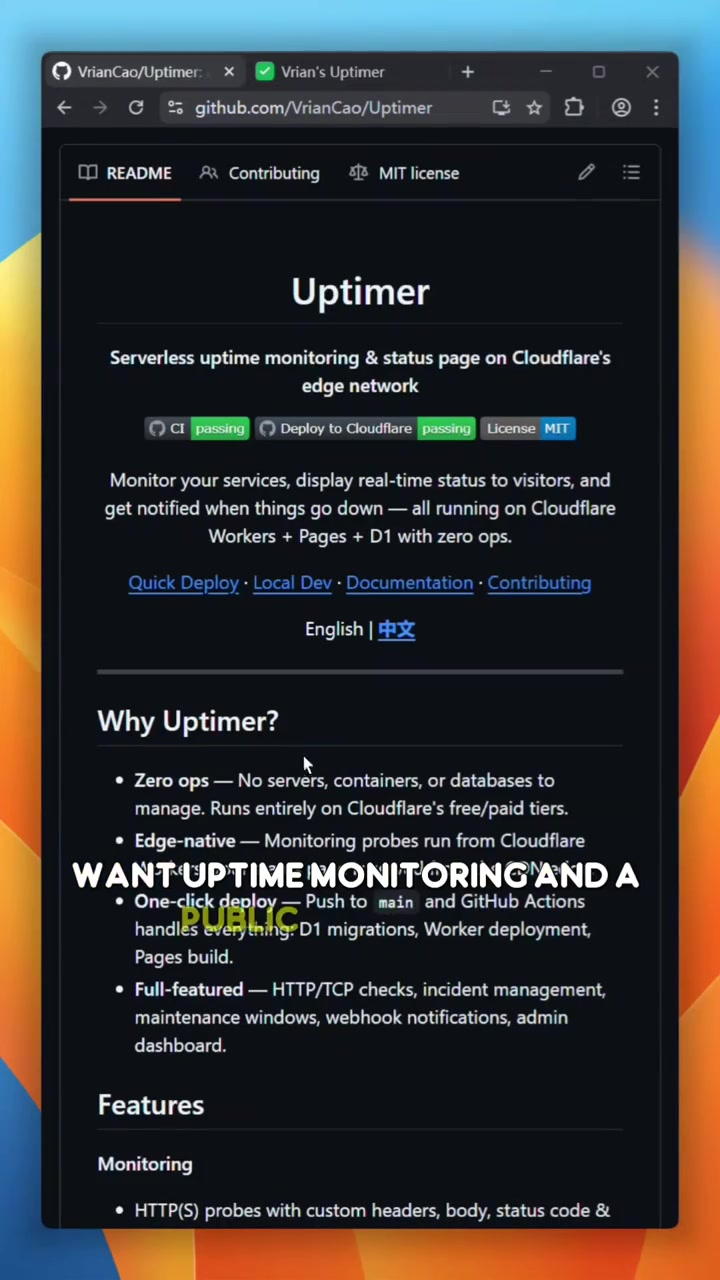 Want uptime monitoring and a public status page without managing servers or paying for SaaS Uptimer gives you the whole thing on Cloudflares free tier Serverless monitoring on Cloudflare WorkersHTTP probes with custom headers status code checks and flapping control Public status page with realtime aggregate status permonitor uptime percentages incident timelines Webhook notifications to Discord Slack github opensource